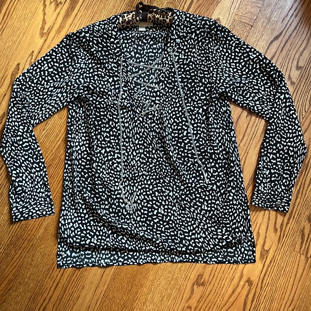 Michael Kors Women’s Small Silver Metal Corset Front Long Sleeve Cheetah Top